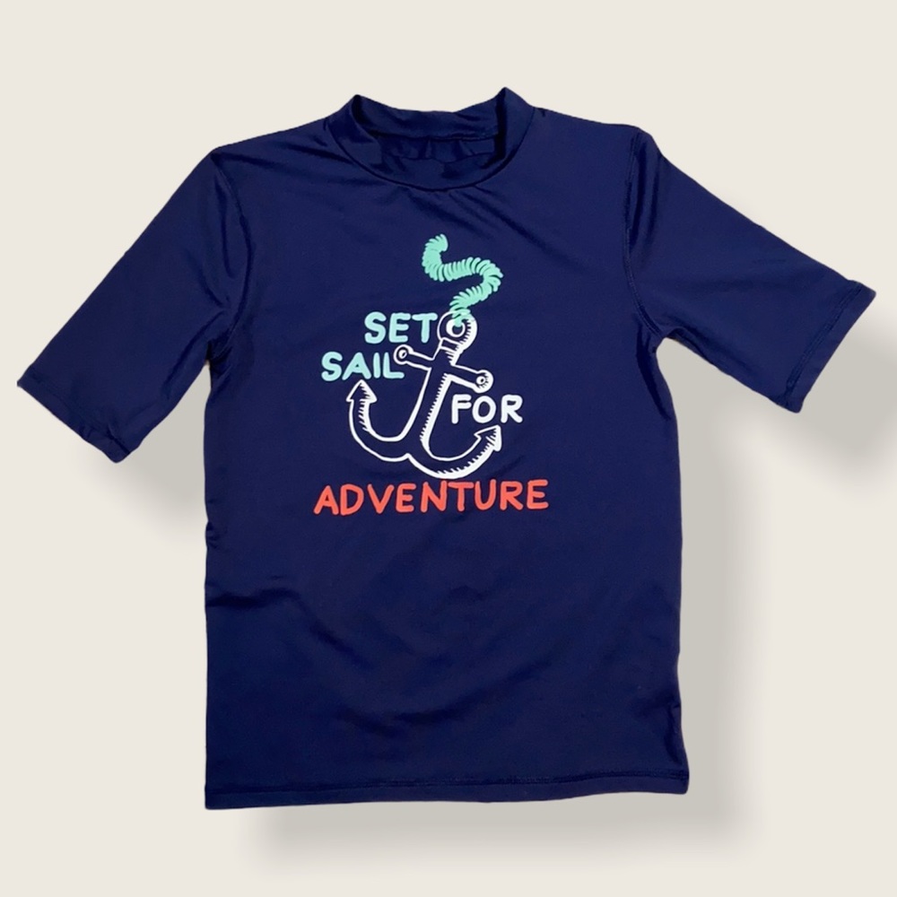 Cat & Jack Boys Blue Short Sleeve Rash Guard Anchor Design Medium 8/10